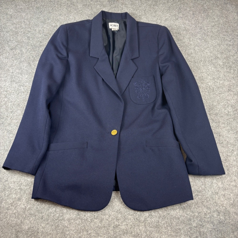 Koret Pant Suit Women 14 16 Navy Blue Wool Blend Blazer Trousers Crest Button